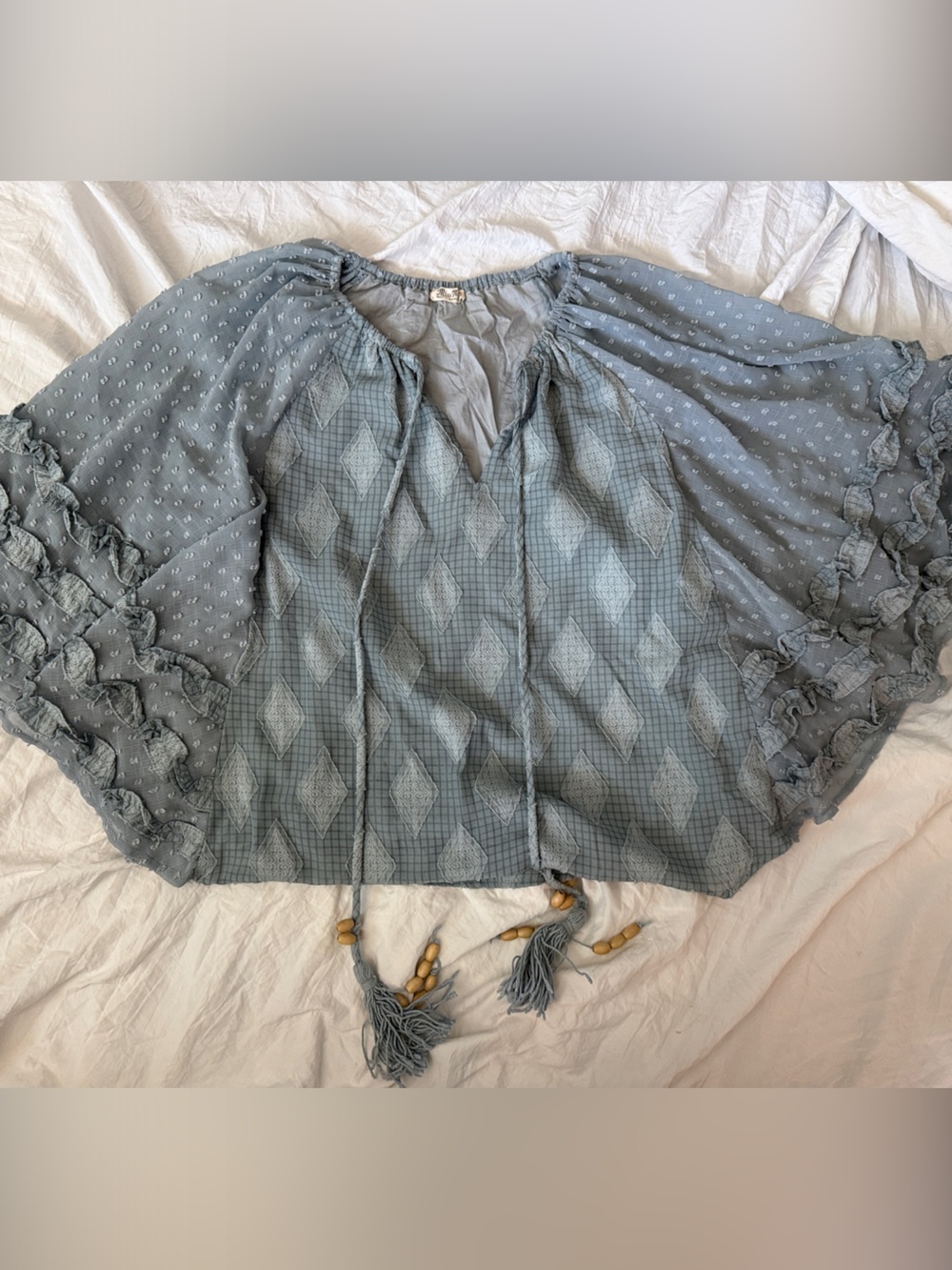Miss Me Dusty Blue Patterned Boho Camisole with Tassels